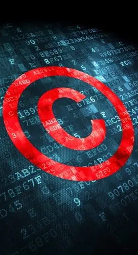 A prominent red copyright symbol overlays a digital background filled with alphanumeric code.